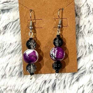 Chic Purple and Black Ceramic Beaded Silver Earrings